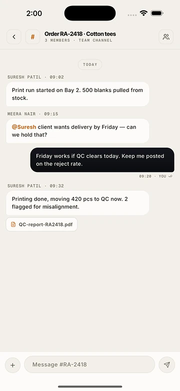 Team chat on the order itself
